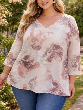 Penningtons Plus Size Abstract Floral V-Neck Blouse Tie Back Bell Sleeve Boho